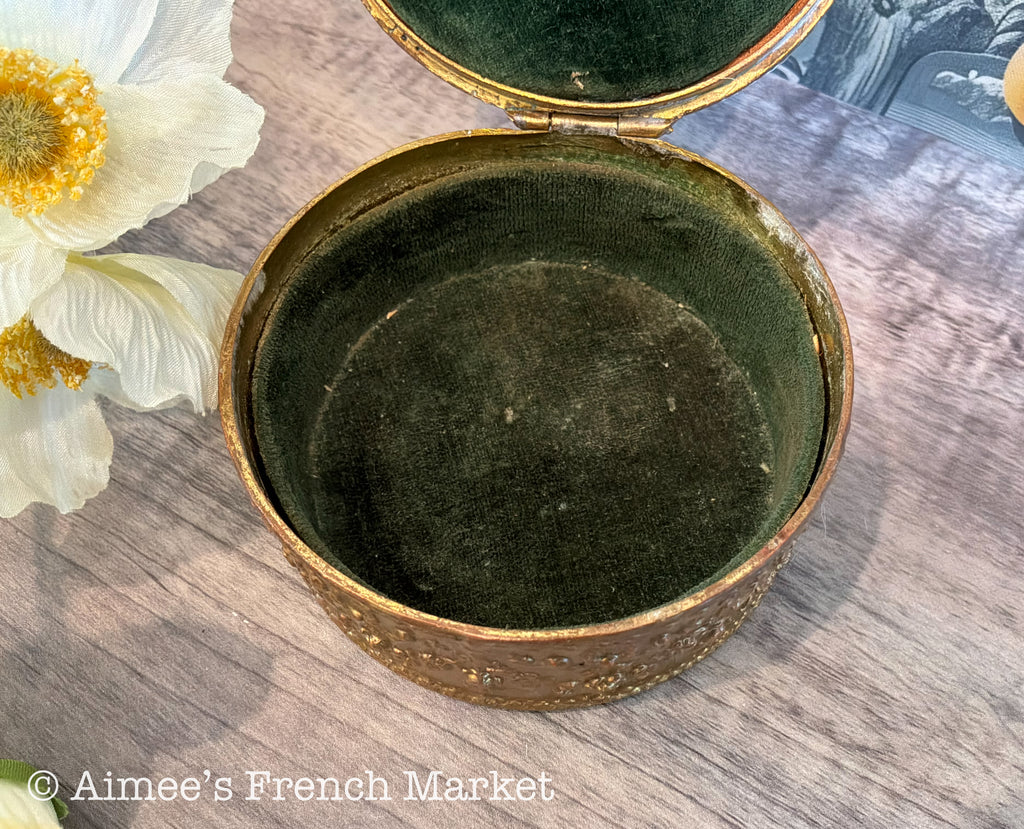 Antique French Gilt Brass Trinket Box — Portrait Miniature Lid — Green Velvet Interior — Belle Époque Boudoir Jewelry Box