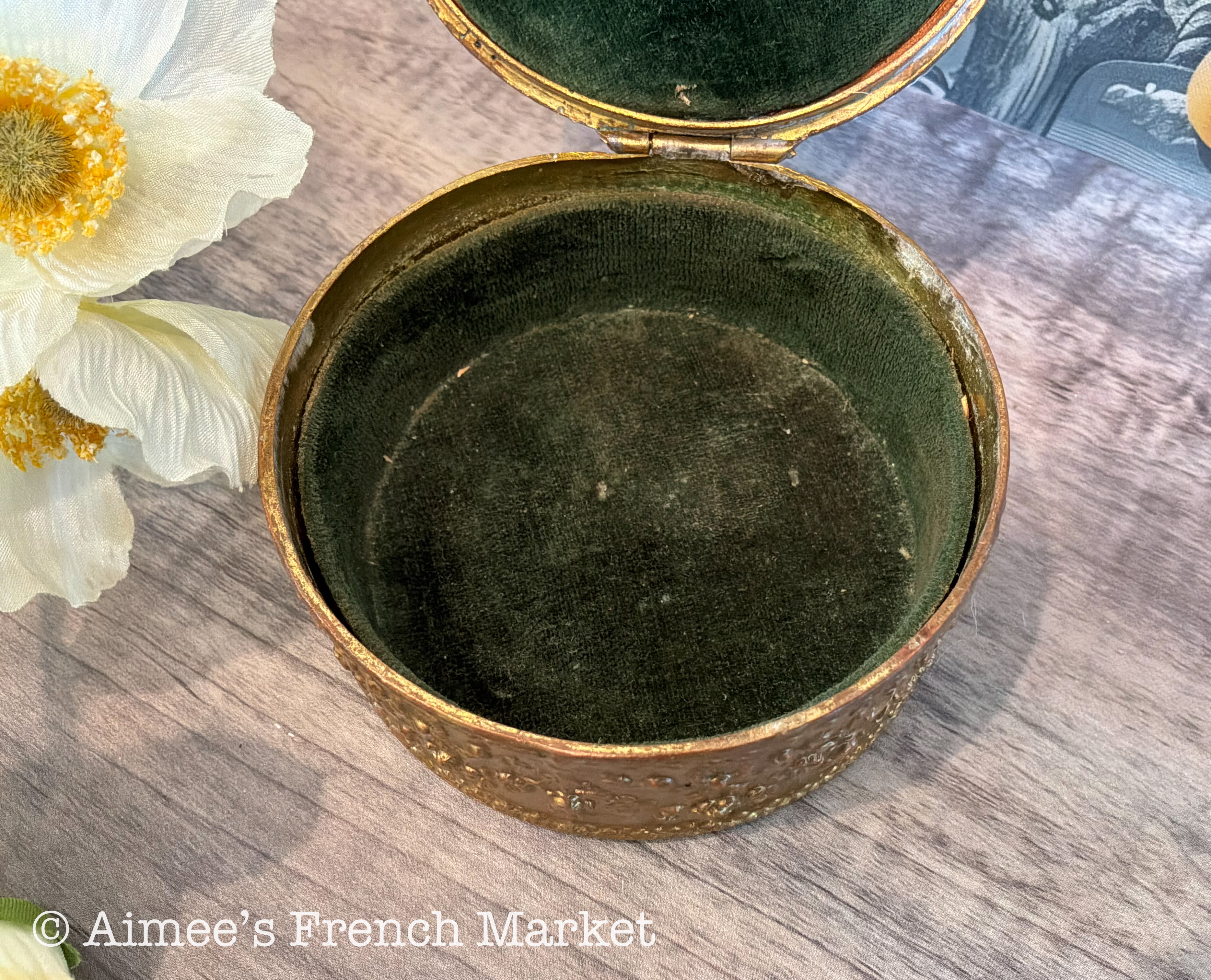 Antique French Gilt Brass Trinket Box — Portrait Miniature Lid — Green Velvet Interior — Belle Époque Boudoir Jewelry Box