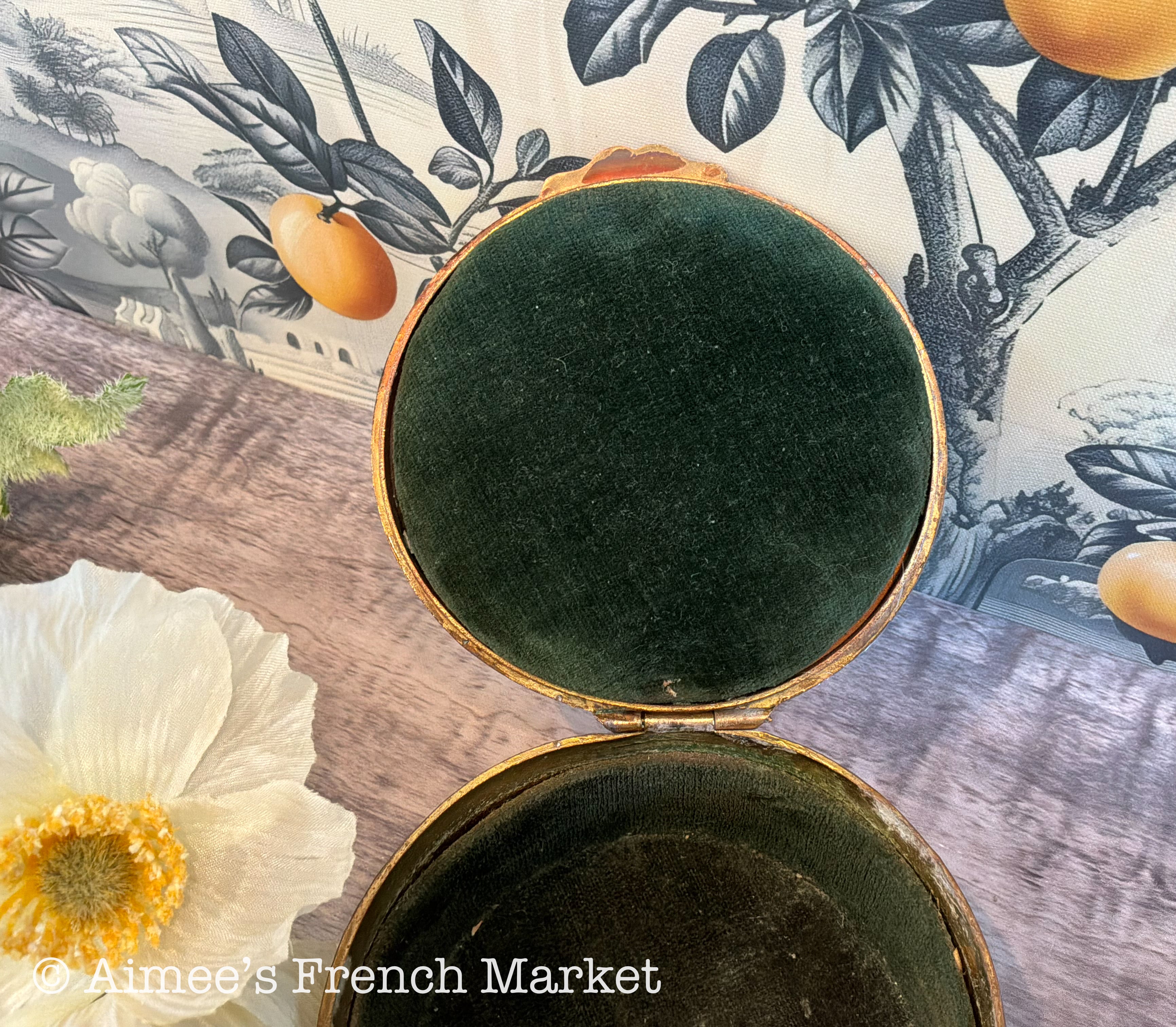 Antique French Gilt Brass Trinket Box — Portrait Miniature Lid — Green Velvet Interior — Belle Époque Boudoir Jewelry Box