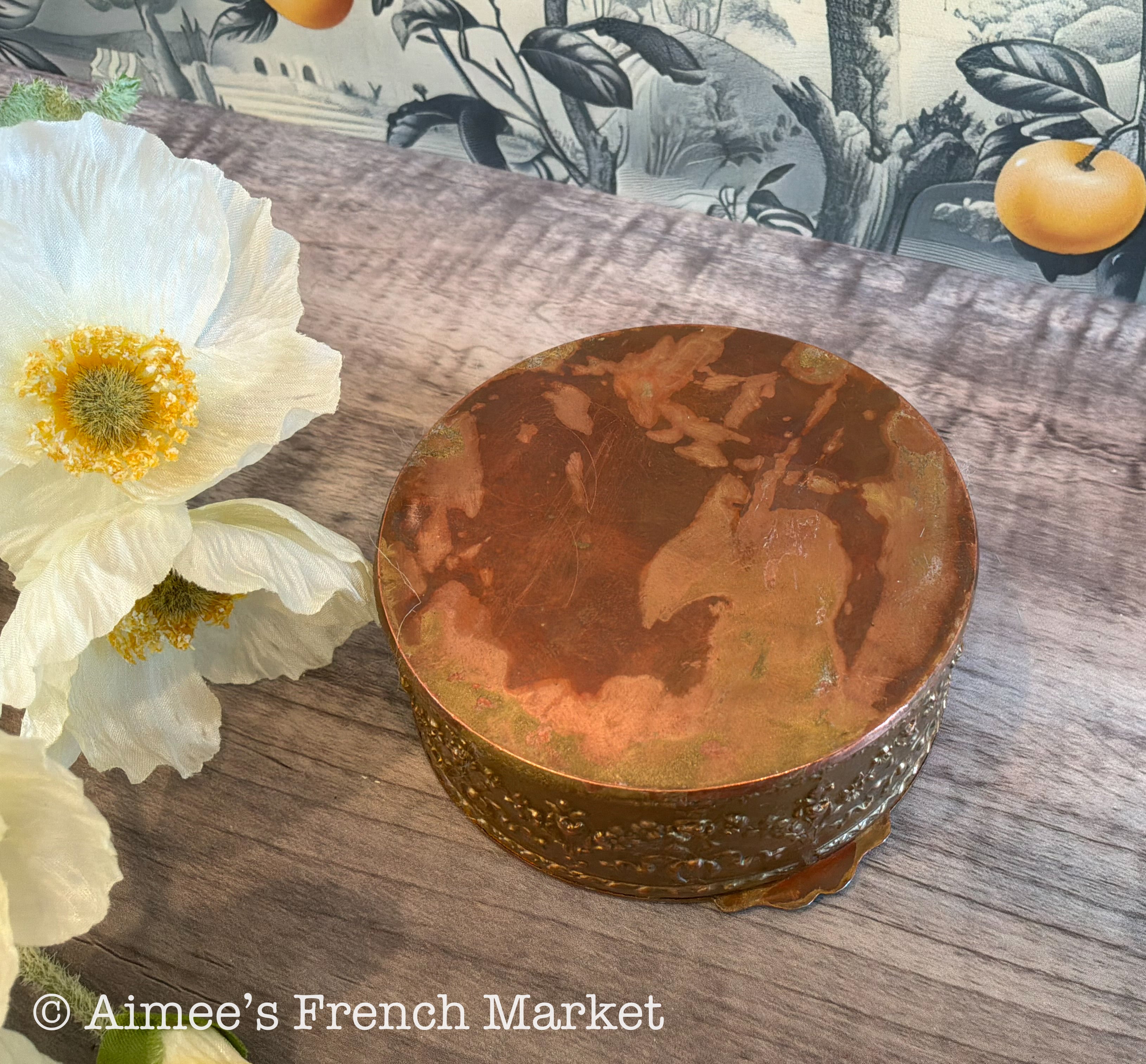 Antique French Gilt Brass Trinket Box — Portrait Miniature Lid — Green Velvet Interior — Belle Époque Boudoir Jewelry Box