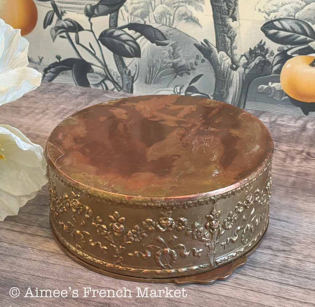 Antique French Gilt Brass Trinket Box — Portrait Miniature Lid — Green Velvet Interior — Belle Époque Boudoir Jewelry Box