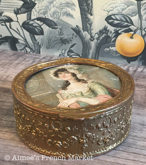 Antique French Gilt Brass Trinket Box — Portrait Miniature Lid — Green Velvet Interior — Belle Époque Boudoir Jewelry Box