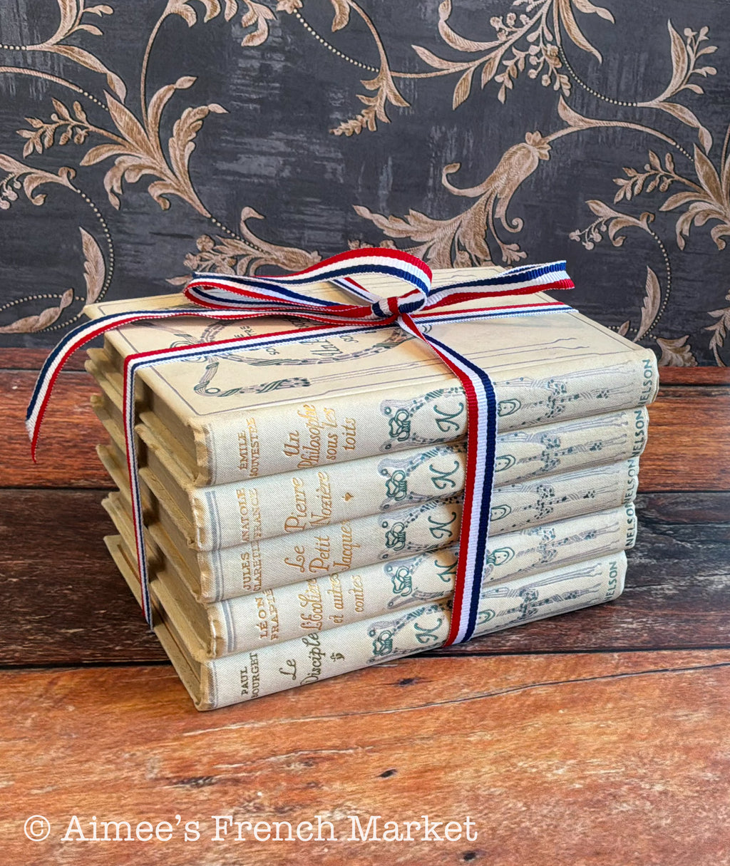 Antique French Books, Set of 5 | Cottagecore Shelf Decor | Cream Vintage Books | Paris | French Farmhouse Library