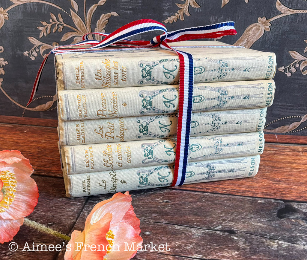 Antique French Books, Set of 5 | Cottagecore Shelf Decor | Cream Vintage Books | Paris | French Farmhouse Library