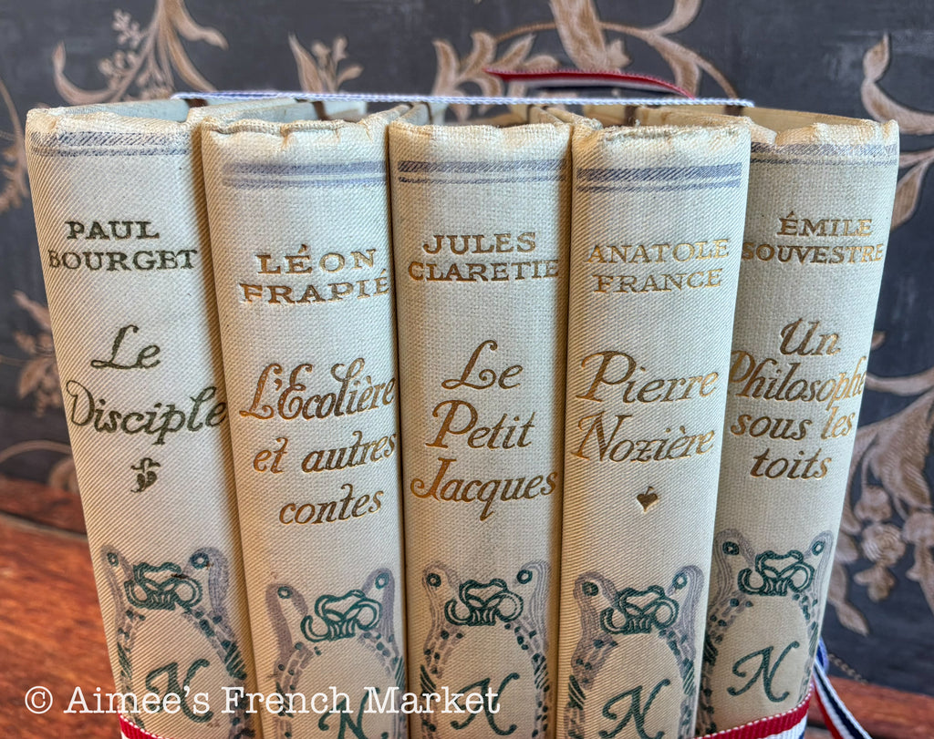 Antique French Books, Set of 5 | Cottagecore Shelf Decor | Cream Vintage Books | Paris | French Farmhouse Library