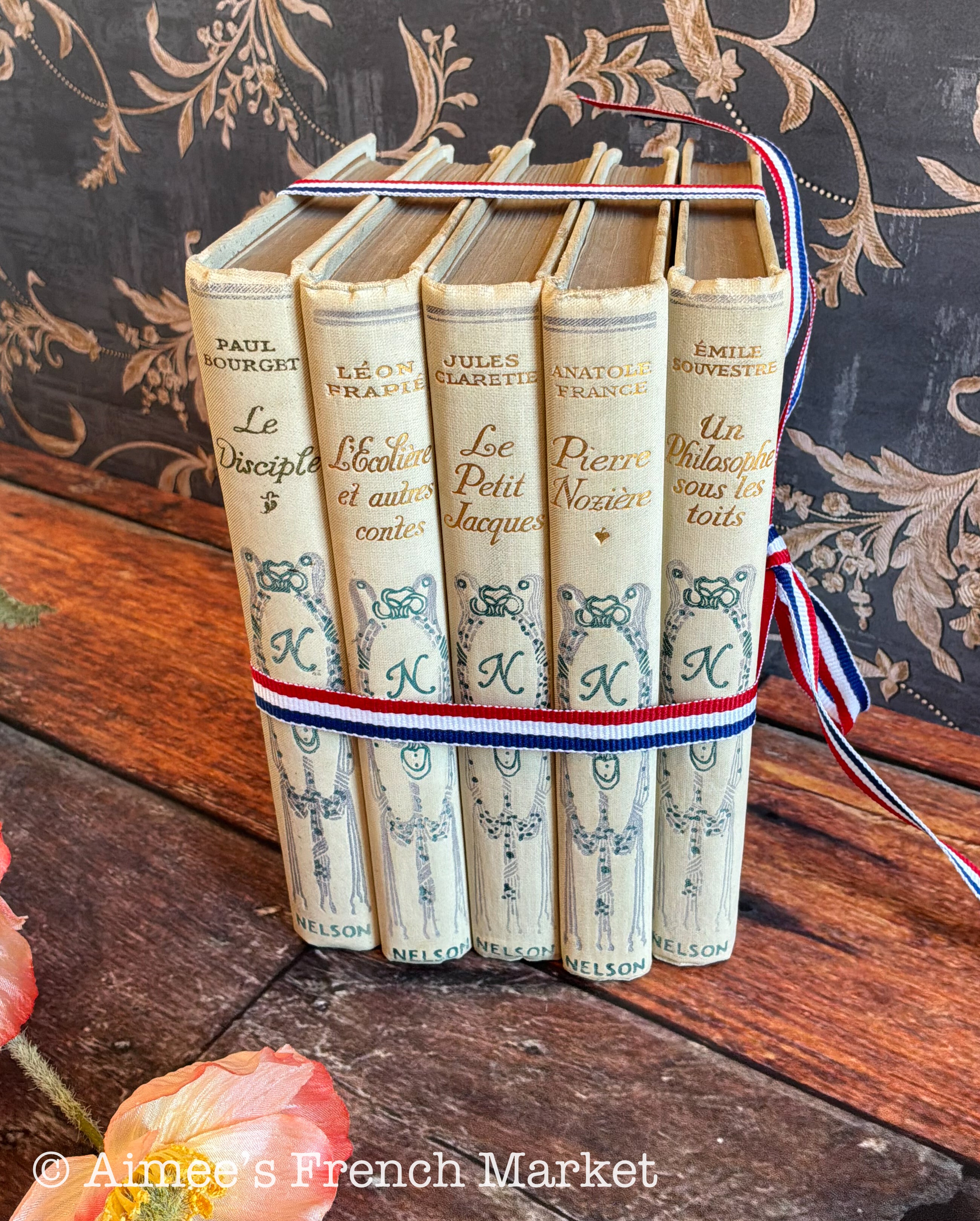 Antique French Books, Set of 5 | Cottagecore Shelf Decor | Cream Vintage Books | Paris | French Farmhouse Library