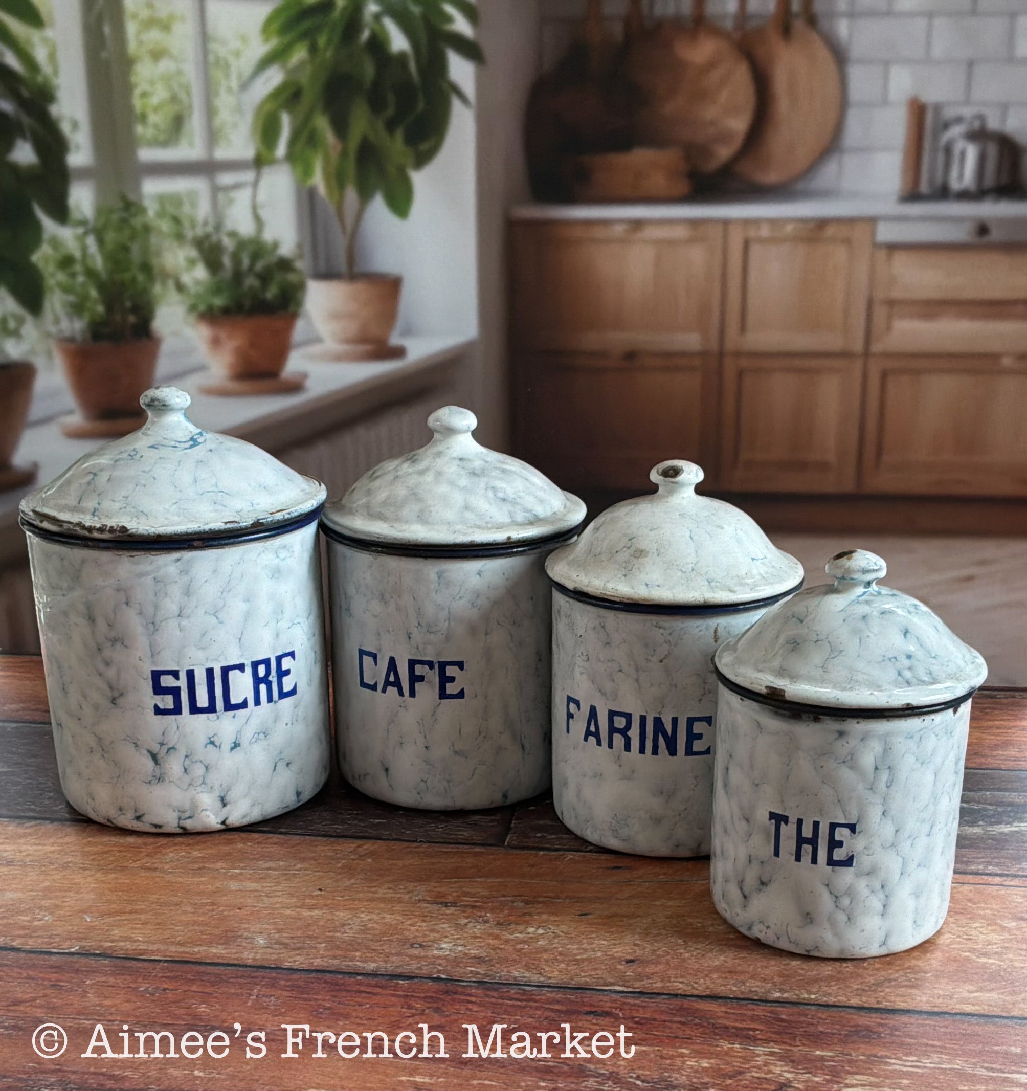 Antique French Enamelware Canister Set of 4, Blue Marbled, French Farmhouse Decor