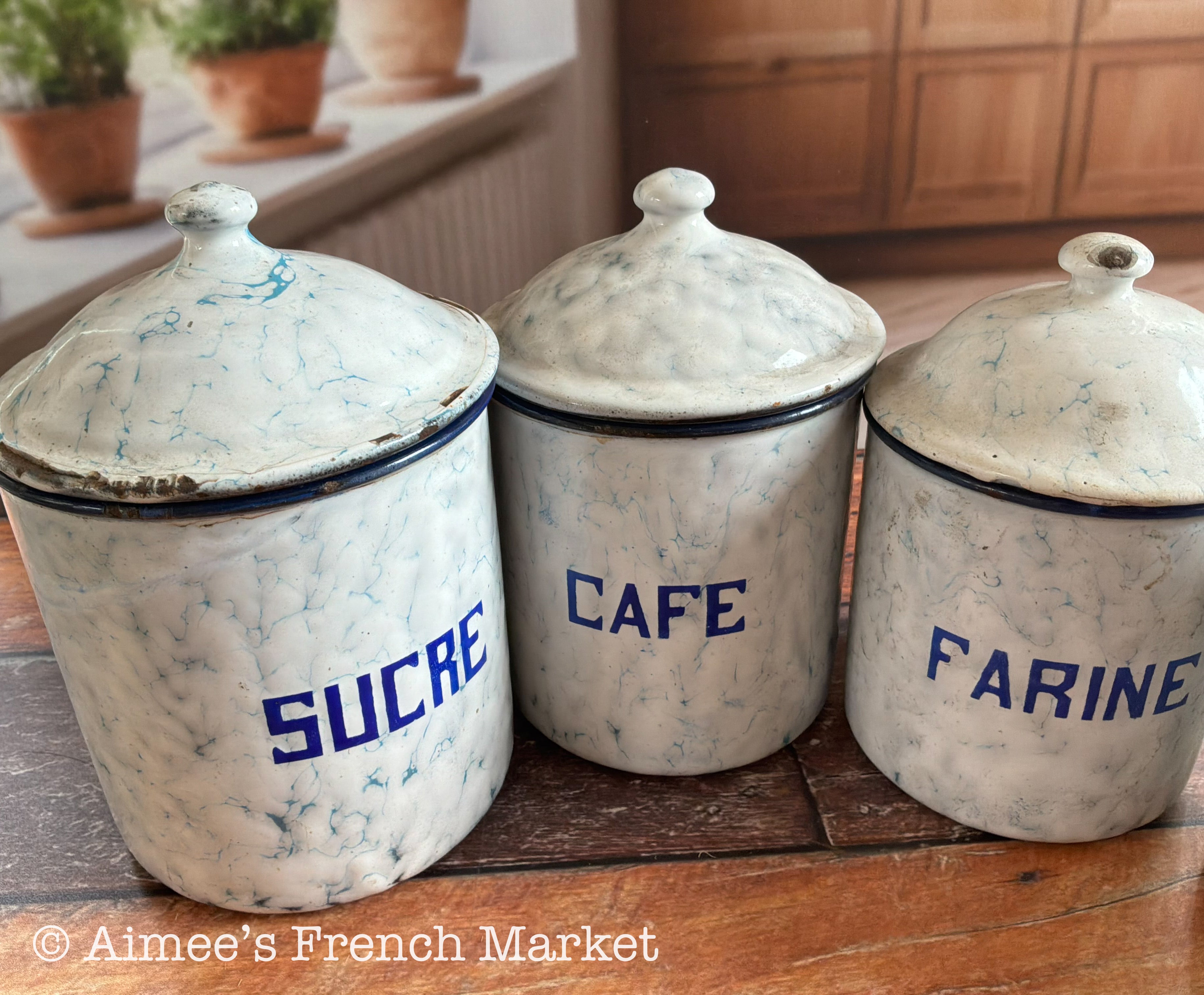 Antique French Enamelware Canister Set of 4, Blue Marbled, French Farmhouse Decor