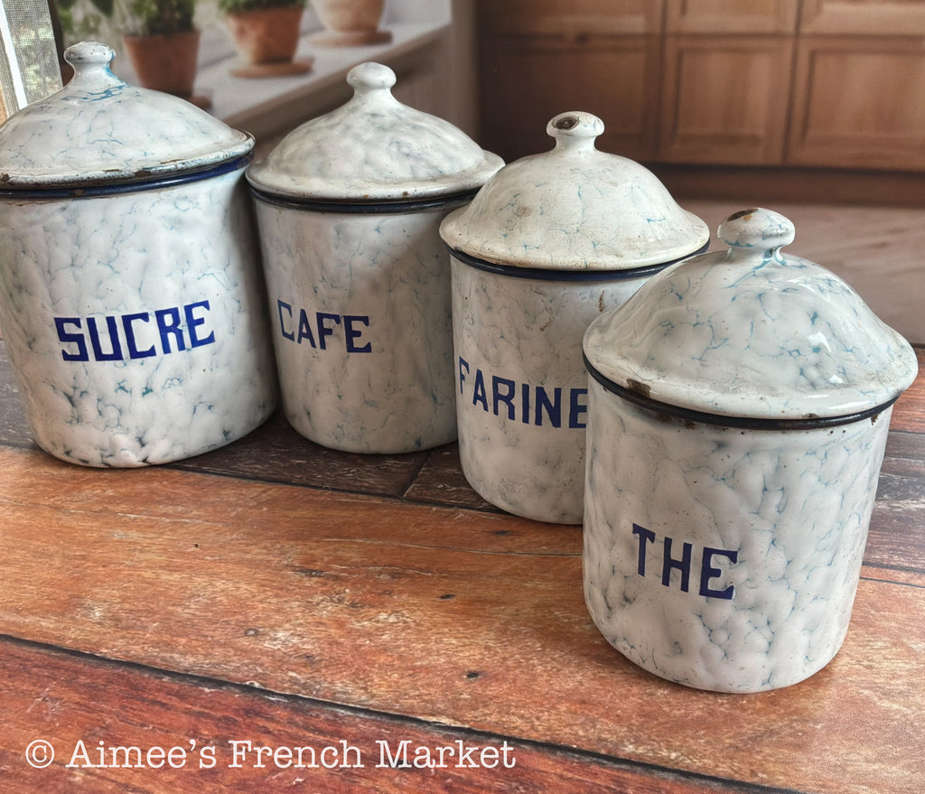 Antique French Enamelware Canister Set of 4, Blue Marbled, French Farmhouse Decor