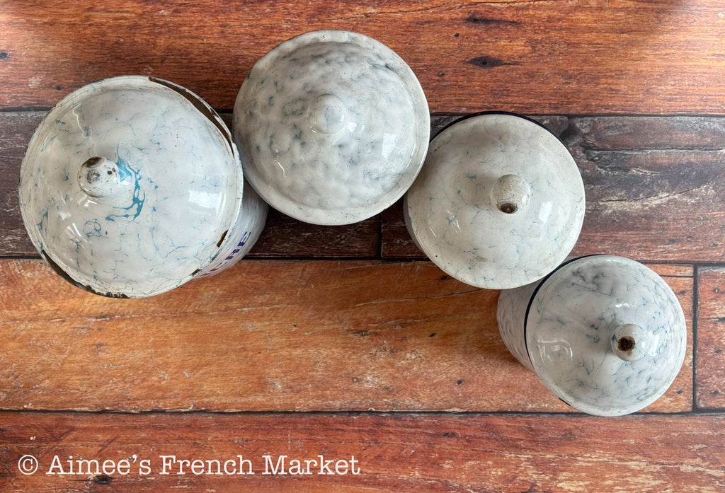 Antique French Enamelware Canister Set of 4, Blue Marbled, French Farmhouse Decor