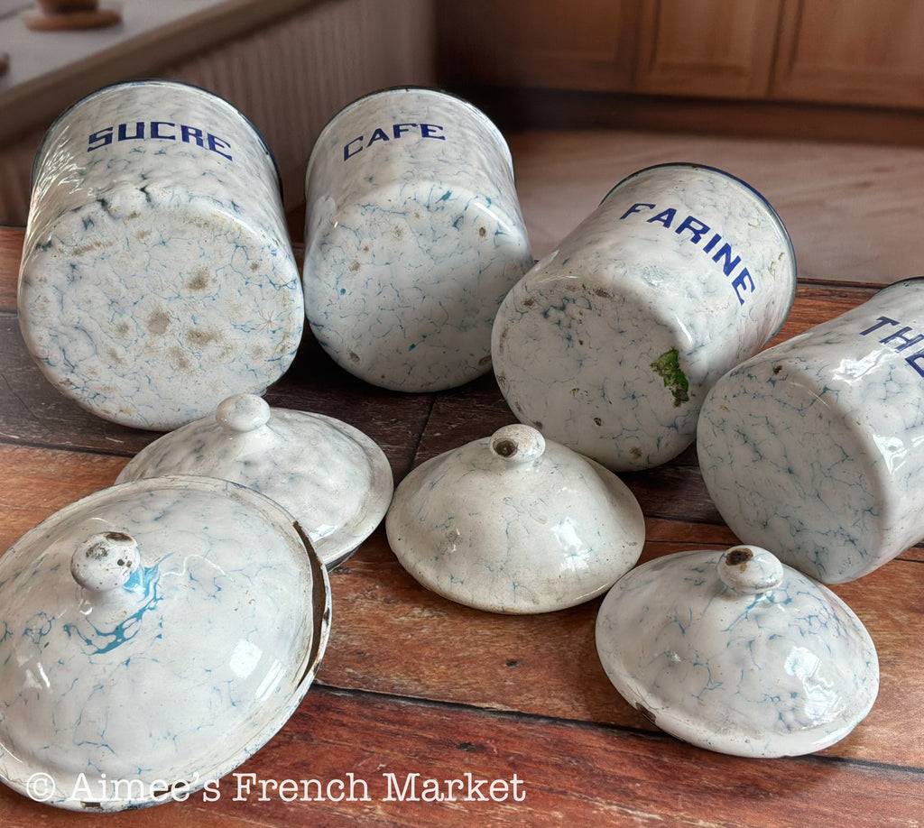 Antique French Enamelware Canister Set of 4, Blue Marbled, French Farmhouse Decor