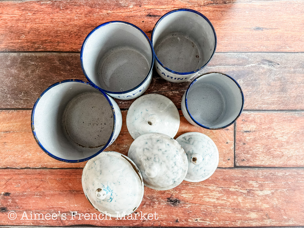 Antique French Enamelware Canister Set of 4, Blue Marbled, French Farmhouse Decor