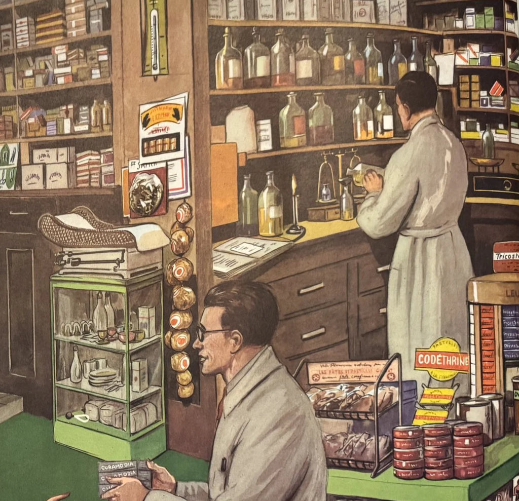 Vintage French School Poster – “The Parade” & “The Pharmacy” by Rossignol – 30" x 22" – Very good Condition
