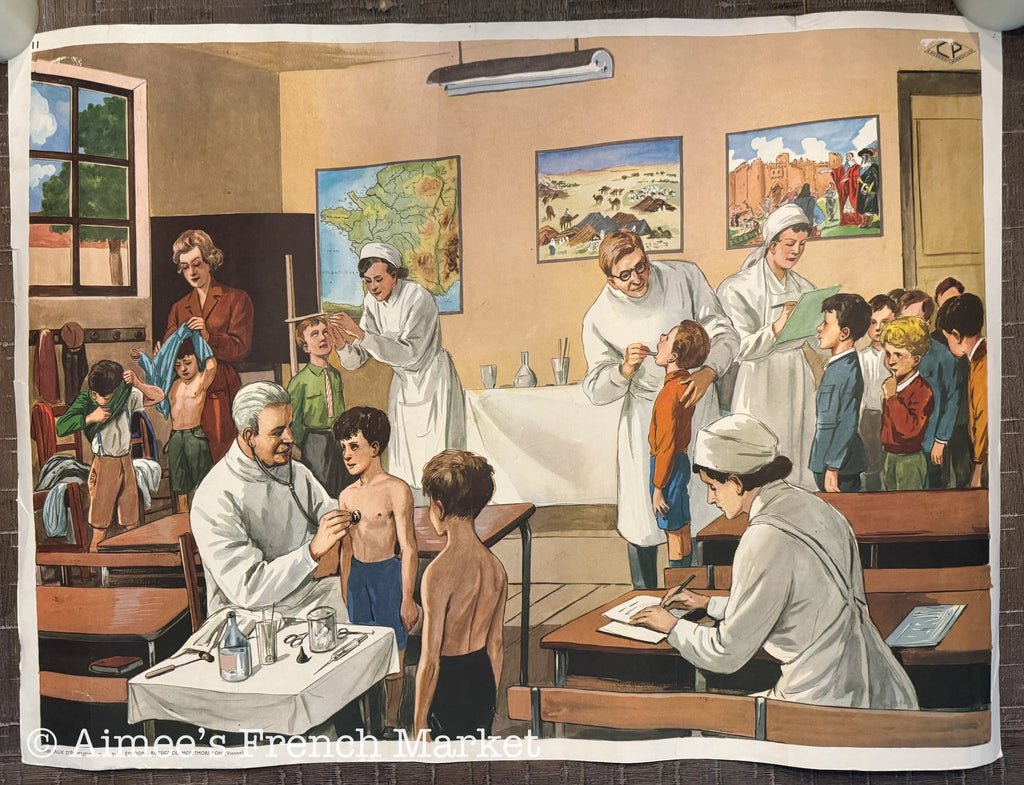 Vintage French School Poster – “Pâtisserie” and "School Clinic" by Rossignol – 30" x 22" – Very good Condition