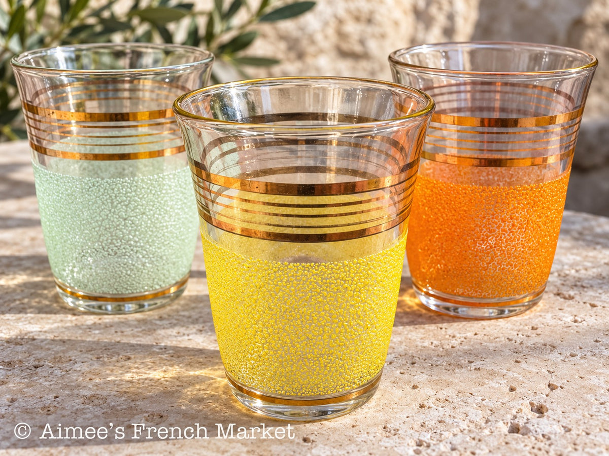 1950s French Vintage Mixed Colors Glasses, Granité/Sugared/Sanded — Set of 6