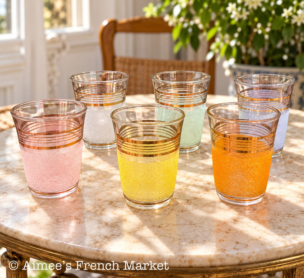 1950s French Vintage Mixed Colors Glasses, Granité/Sugared/Sanded — Set of 6