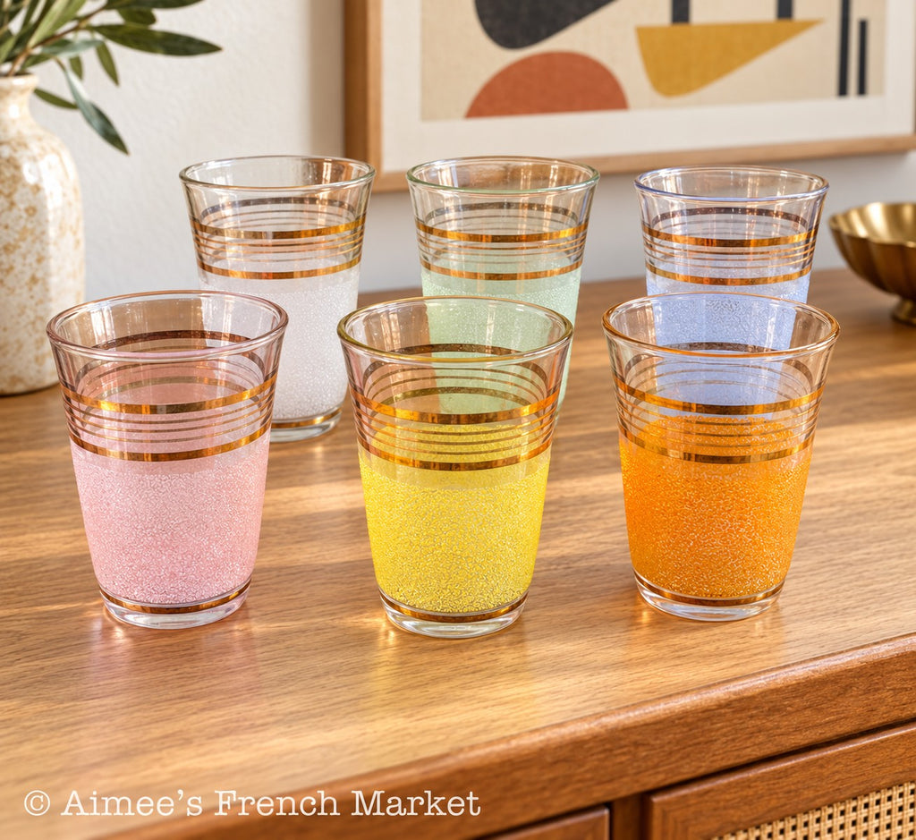 1950s French Vintage Mixed Colors Glasses, Granité/Sugared/Sanded — Set of 6