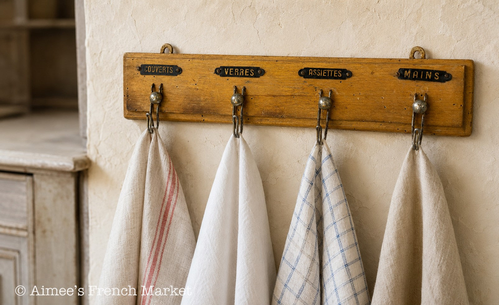 Antique French Kitchen Towel Rack, 4 Labeled Tea Towel Hooks, Wooden Porte-Torchons, c. 1910s
