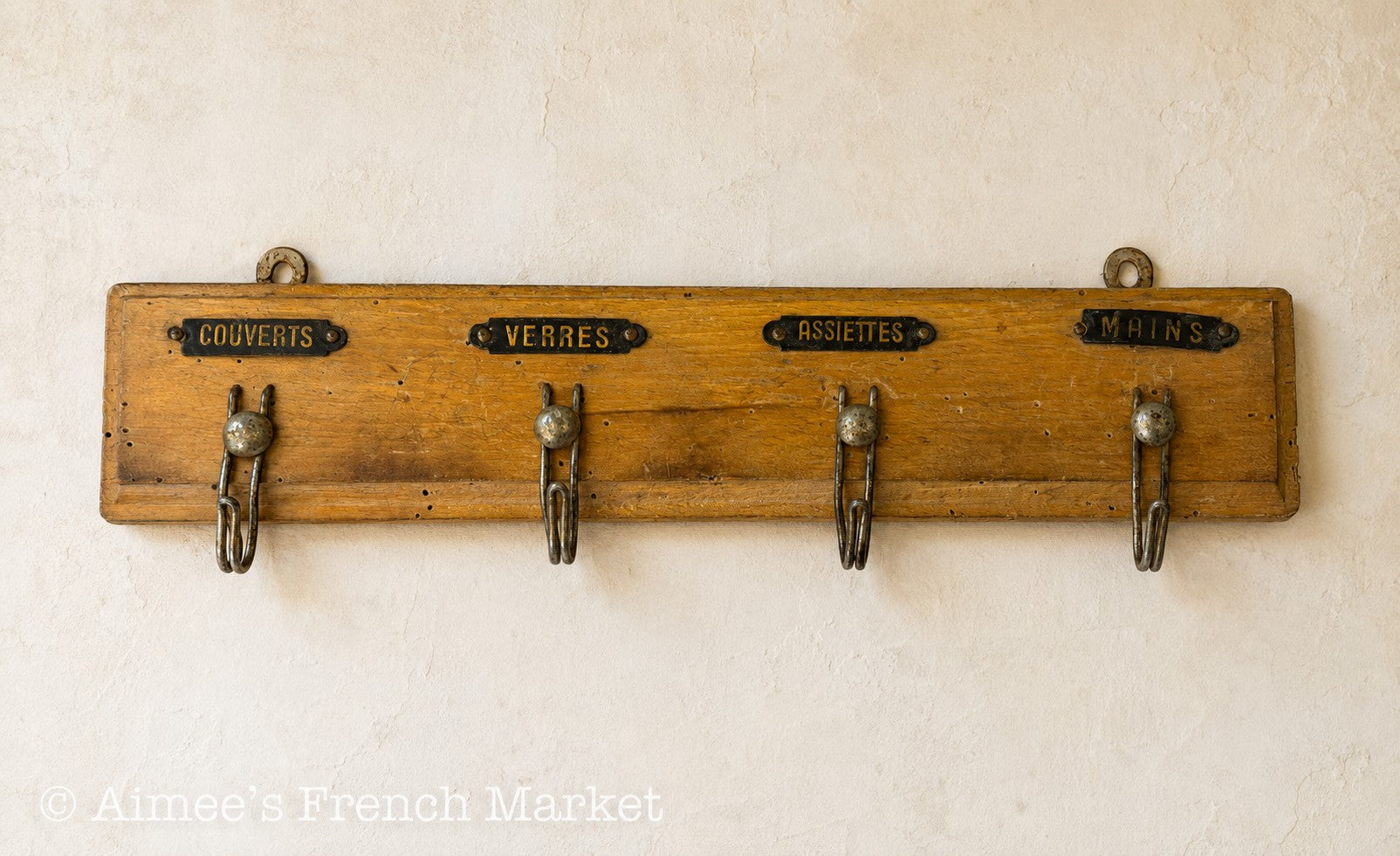 Antique French Kitchen Towel Rack, 4 Labeled Tea Towel Hooks, Wooden Porte-Torchons, c. 1910s