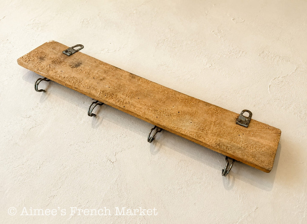Antique French Kitchen Towel Rack, 4 Labeled Tea Towel Hooks, Wooden Porte-Torchons, c. 1910s