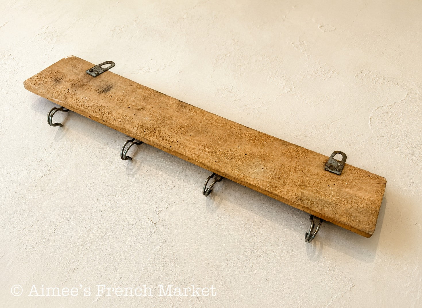 Antique French Kitchen Towel Rack, 4 Labeled Tea Towel Hooks, Wooden Porte-Torchons, c. 1910s