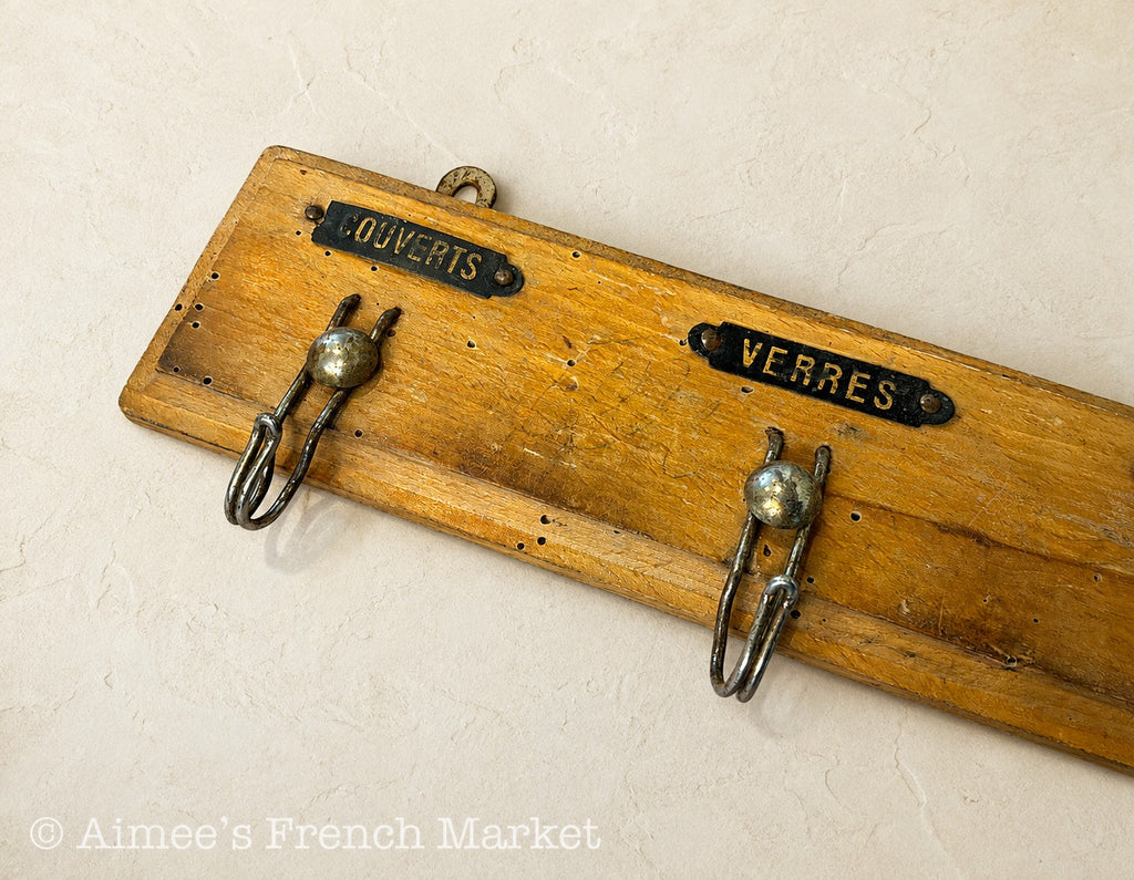 Antique French Kitchen Towel Rack, 4 Labeled Tea Towel Hooks, Wooden Porte-Torchons, c. 1910s