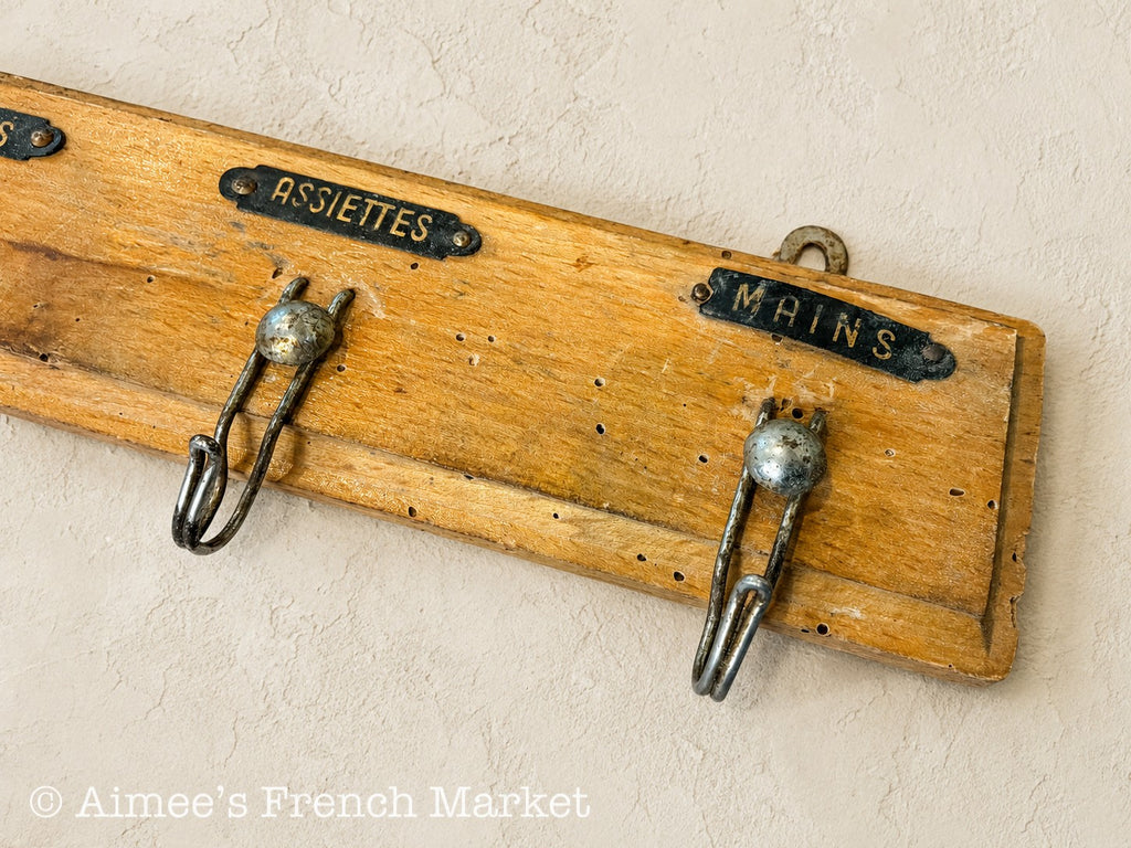 Antique French Kitchen Towel Rack, 4 Labeled Tea Towel Hooks, Wooden Porte-Torchons, c. 1910s