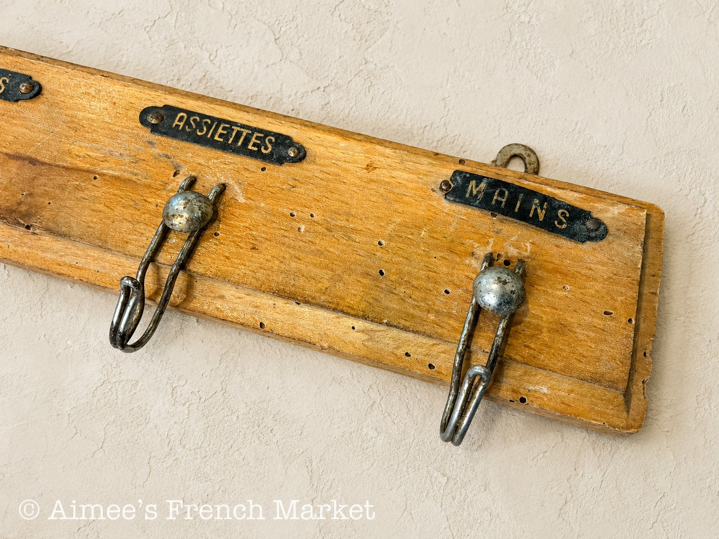 Antique French Kitchen Towel Rack, 4 Labeled Tea Towel Hooks, Wooden Porte-Torchons, c. 1910s