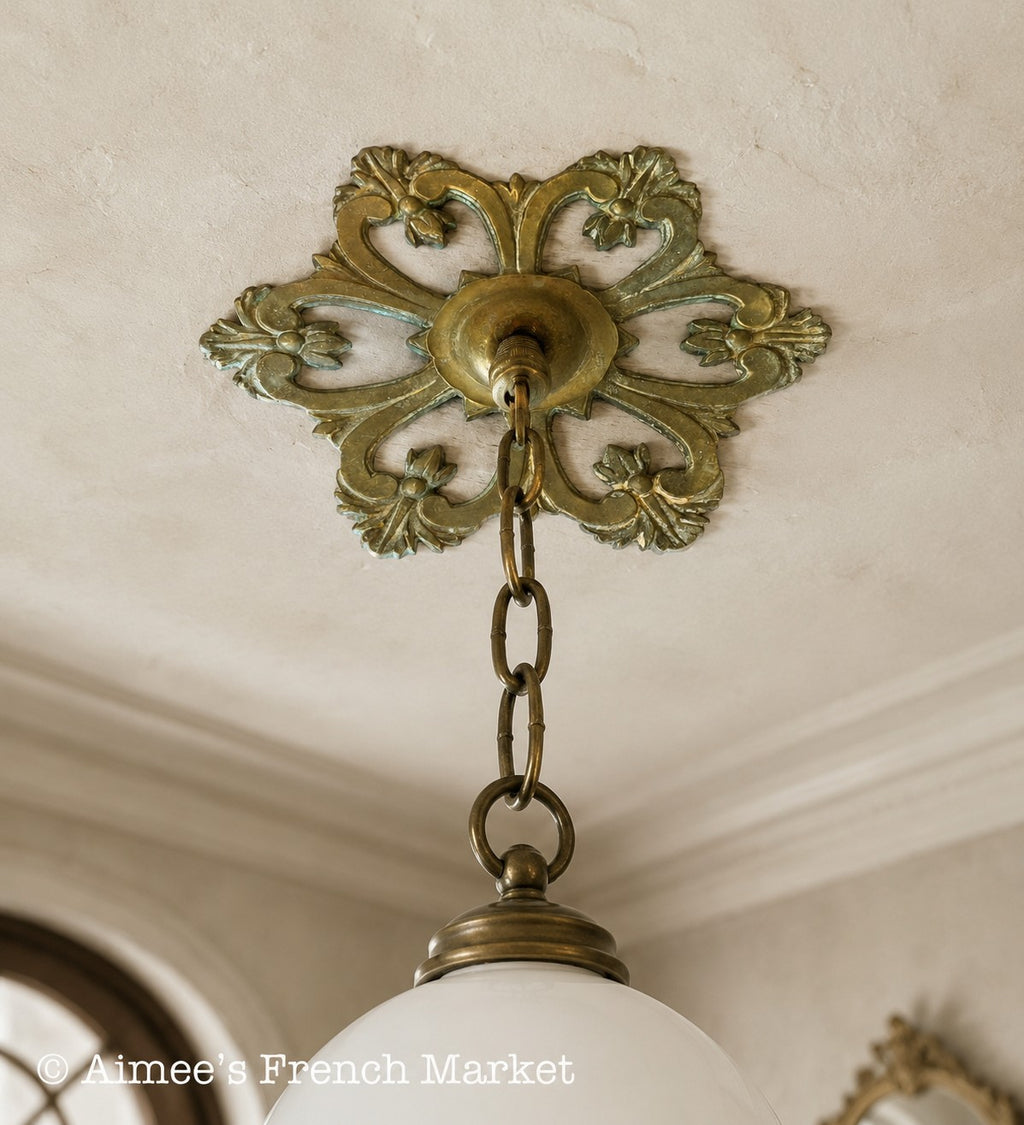 Antique French Brass Ceiling Rose, 7", Louis XV Floral Lighting Hardware, Architectural Salvage, c. 1900