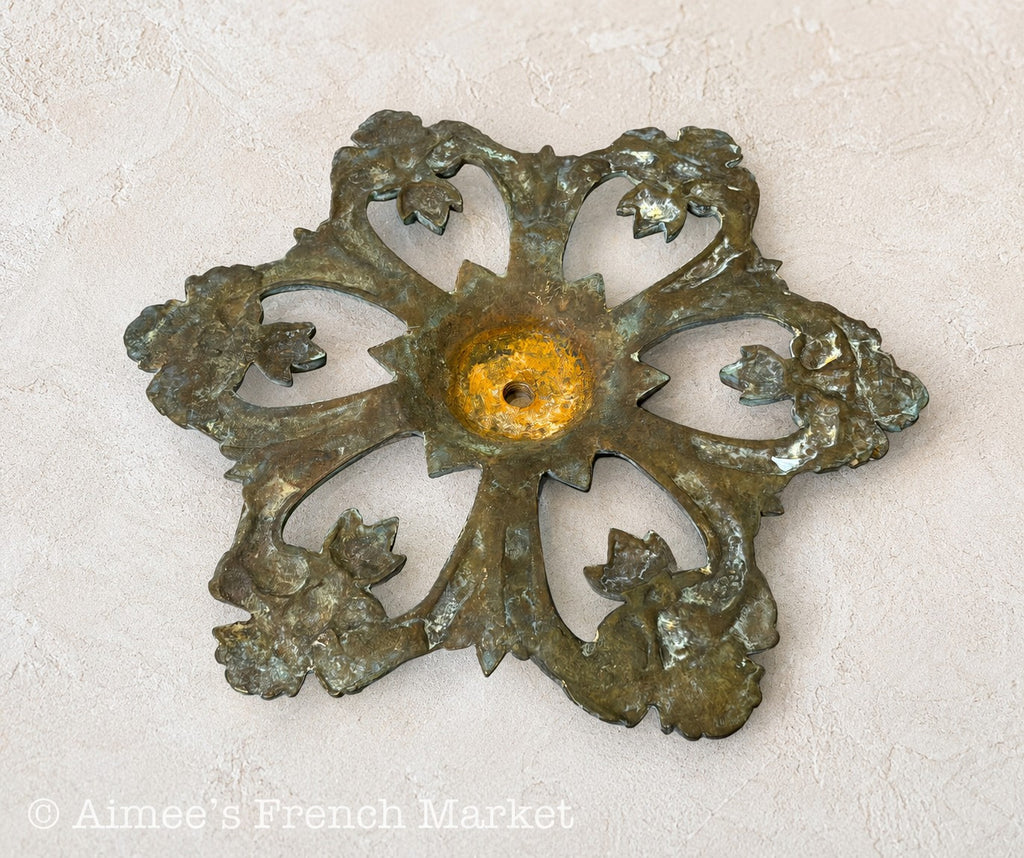 Antique French Brass Ceiling Rose, 7", Louis XV Floral Lighting Hardware, Architectural Salvage, c. 1900