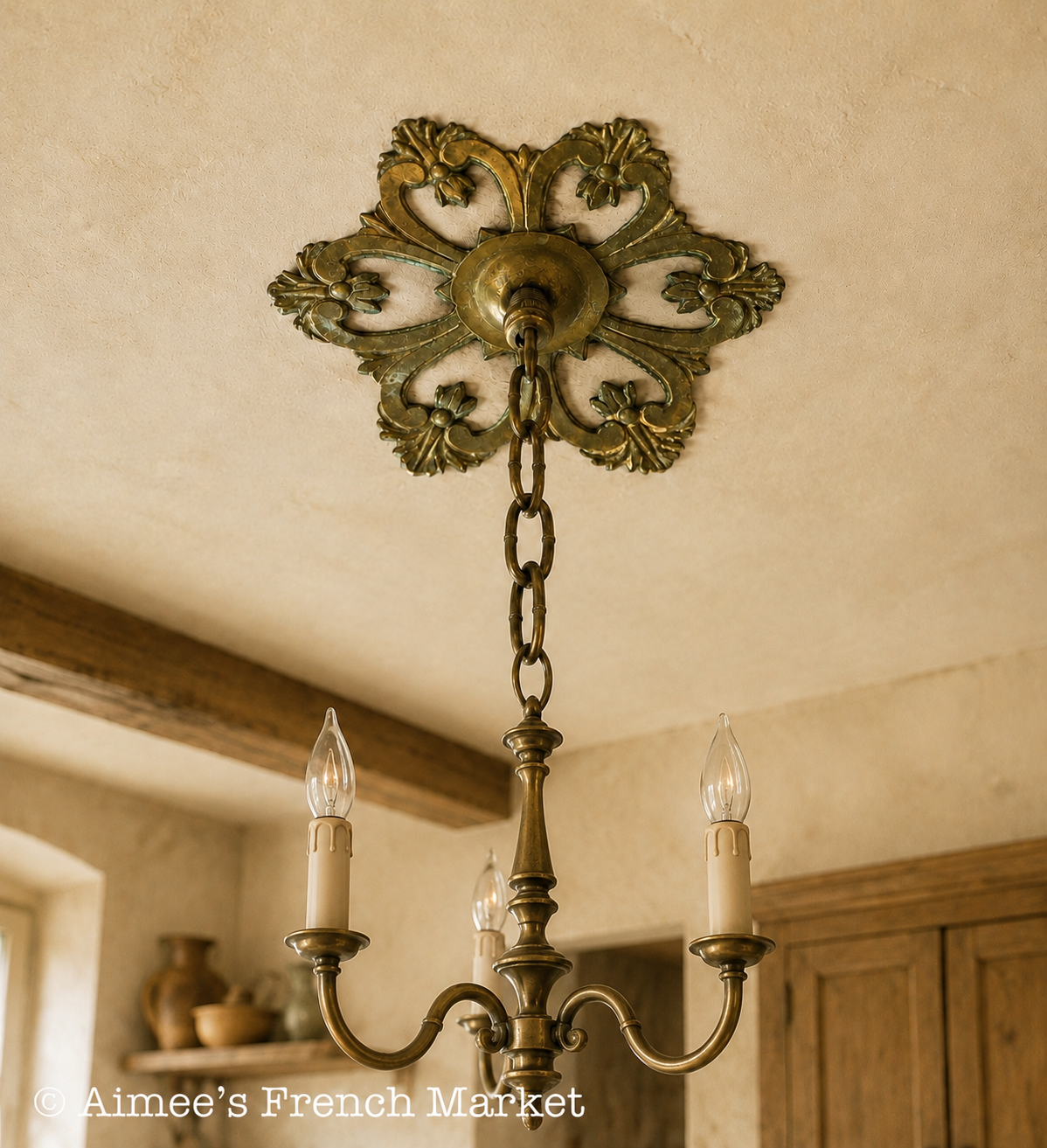 Antique French Brass Ceiling Rose, 7", Louis XV Floral Lighting Hardware, Architectural Salvage, c. 1900