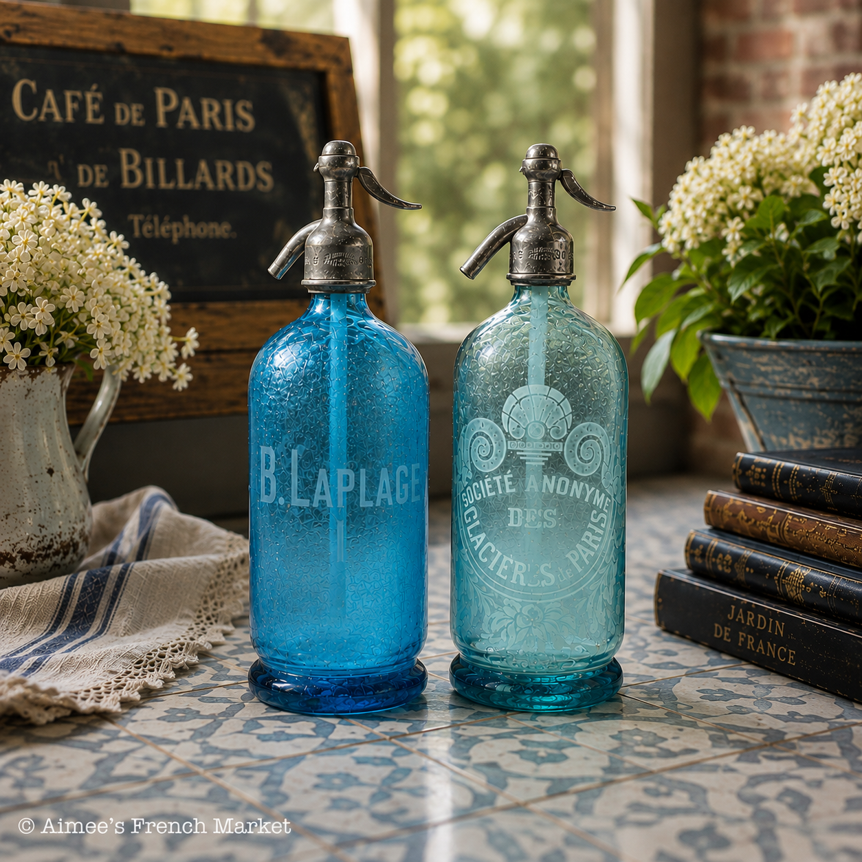 Beautiful French Vintage Blue Glass Siphon Bottle - Paris