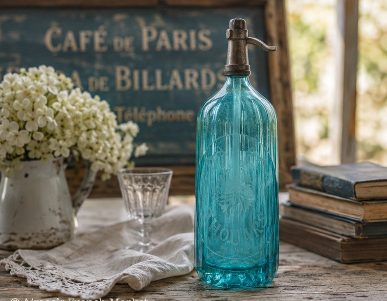 Vintage French Soda Syphon — E. Naudon Thouars — Turquoise Glass Decorative Bottle