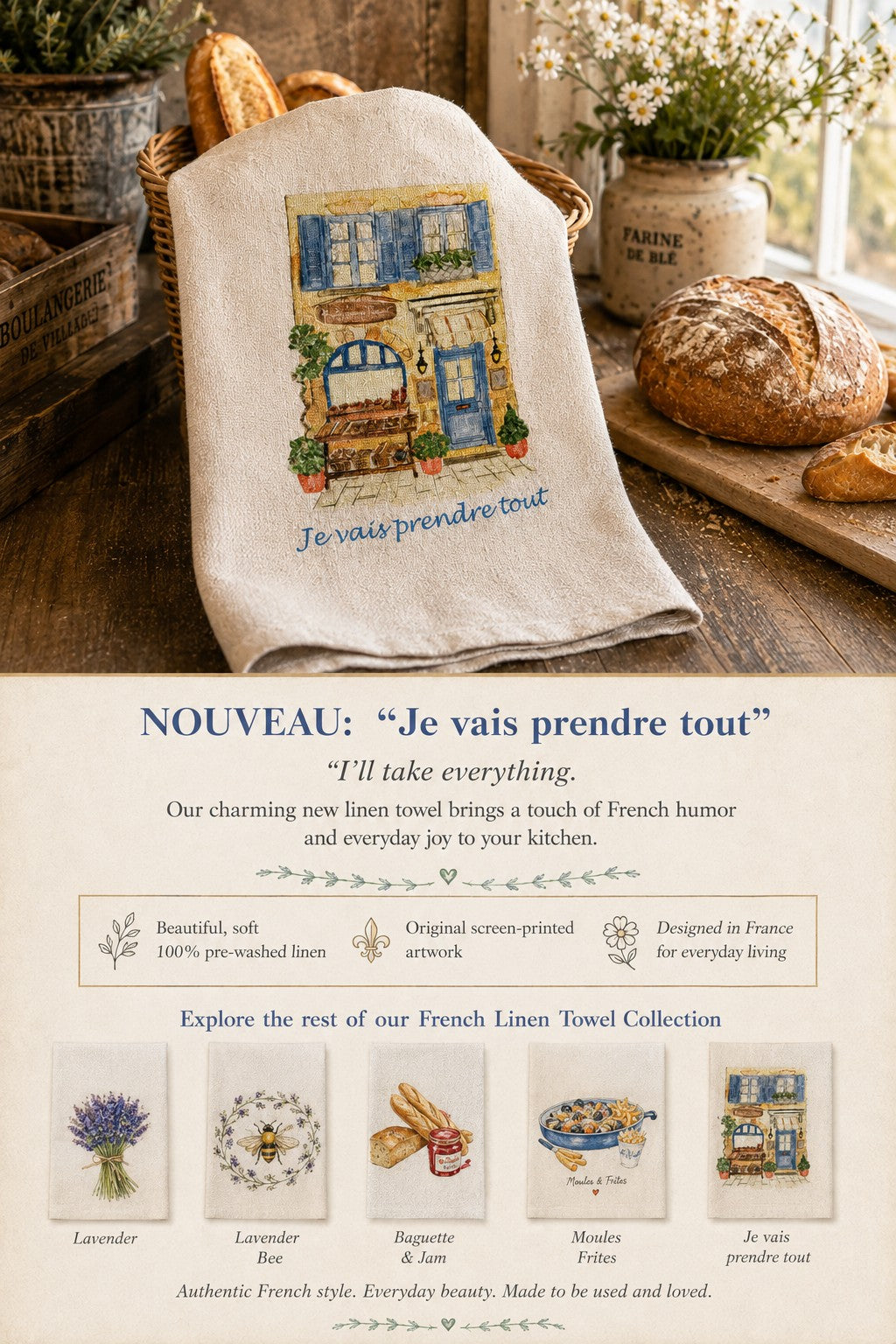 French-themed 100% Soft Linen Towels