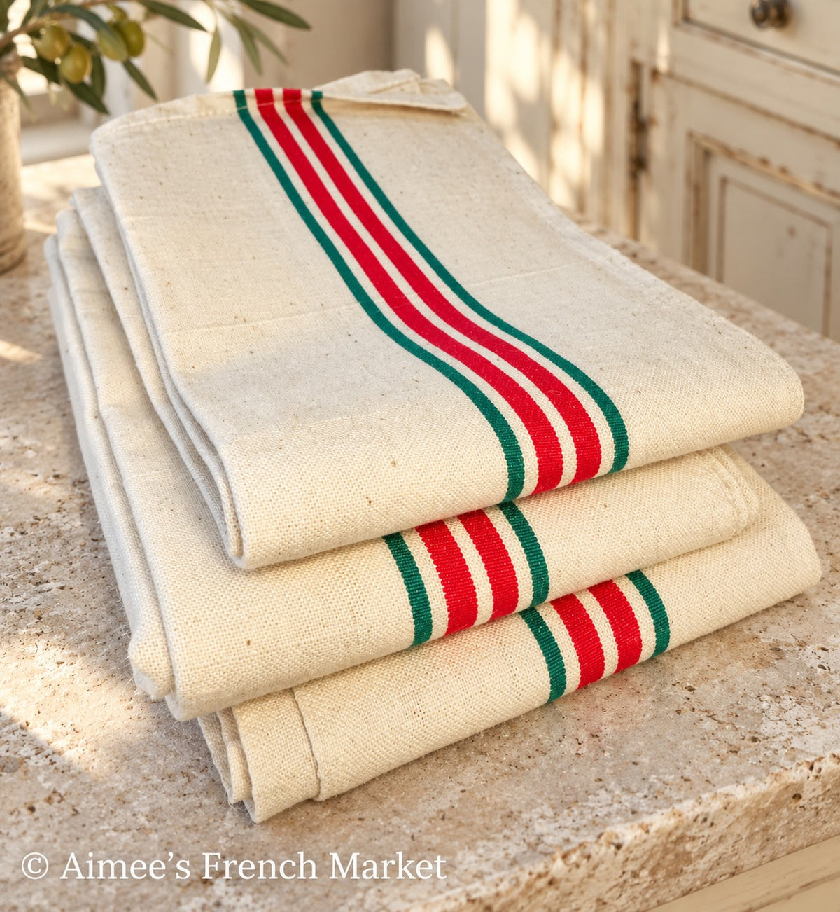 French Vintage Red-Striped Linen Kitchen Towels, c.1920s, Quadruple/Four Stripe, Green/Red