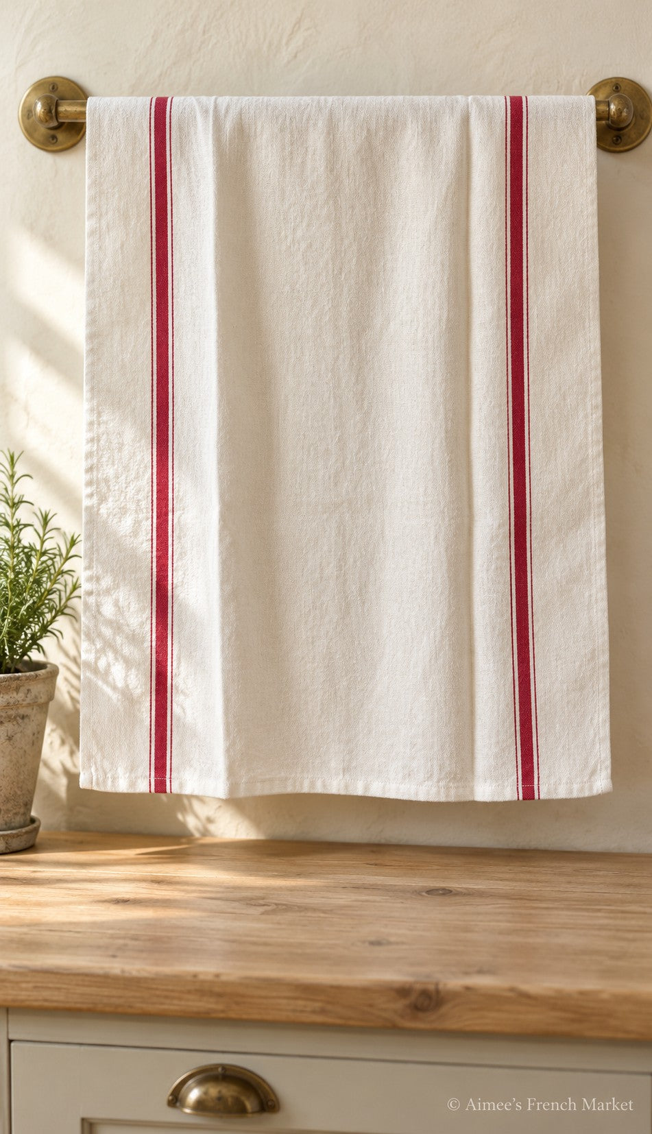 Vintage Red-Striped Linen Kitchen Towels, c.1920s, Triple Stripes