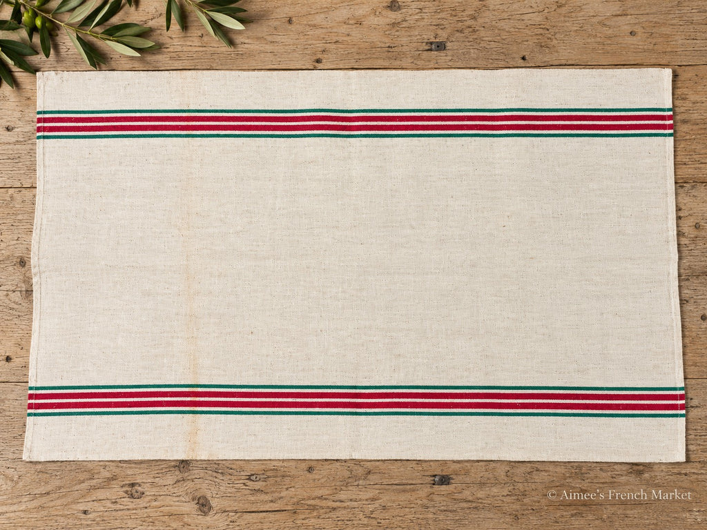 French Vintage Red-Striped Linen Kitchen Towels, c.1920s, Quadruple/Four Stripe, Green/Red