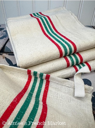 French Vintage Red-Striped Linen Kitchen Towels, c.1920s, Quadruple/Four Stripe, Green/Red