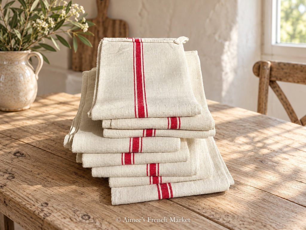 Vintage Red-Striped Linen Kitchen Towels, c.1920s, Triple Stripes