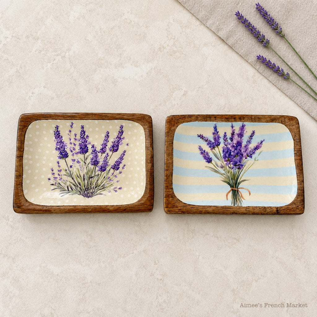 Set of 2 Mango Wood Lavender Catchall Trays – French Country Trinket Dishes