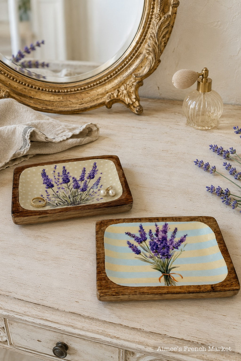 Set of 2 Mango Wood Lavender Catchall Trays – French Country Trinket Dishes