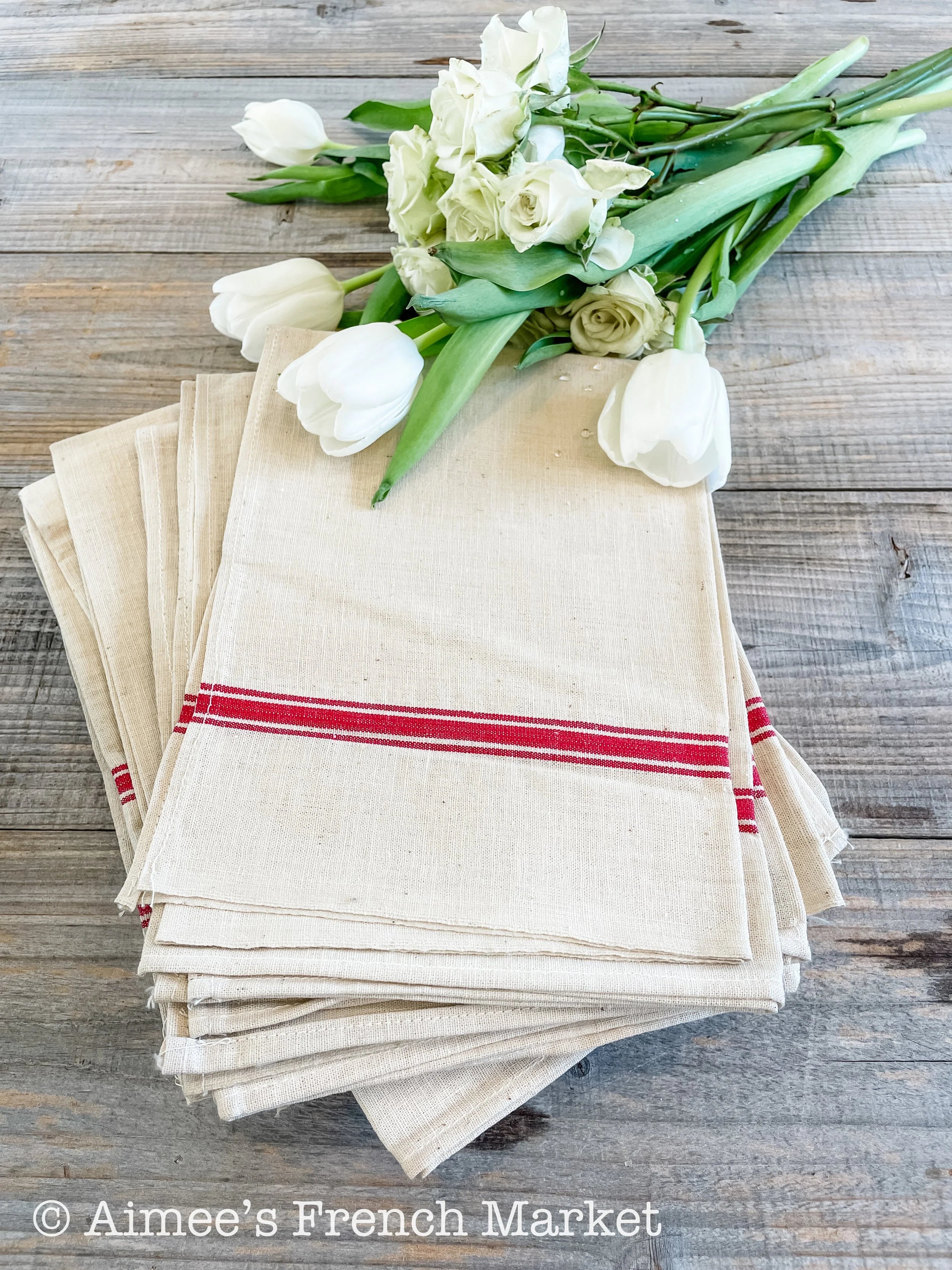 Vintage Red-Striped Linen Kitchen Towels, c.1920s, Triple Stripes