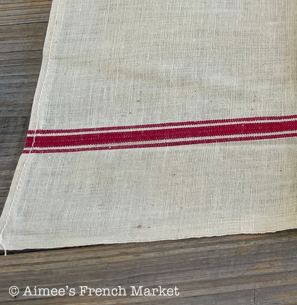 Vintage Red-Striped Linen Kitchen Towels, c.1920s, Triple Stripes