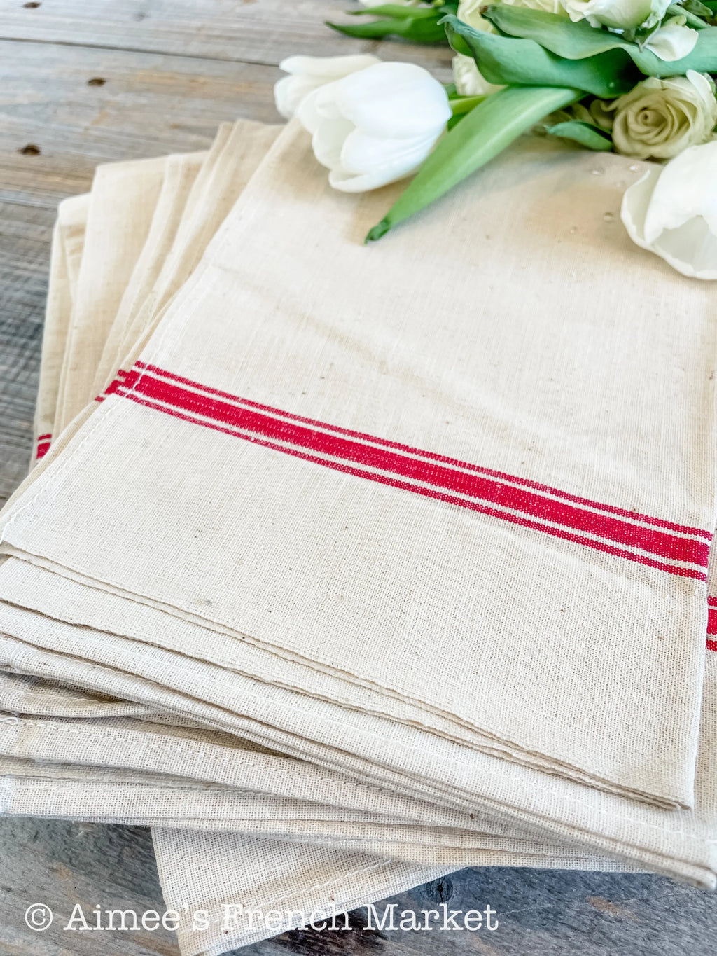 Vintage Red-Striped Linen Kitchen Towels, c.1920s, Triple Stripes