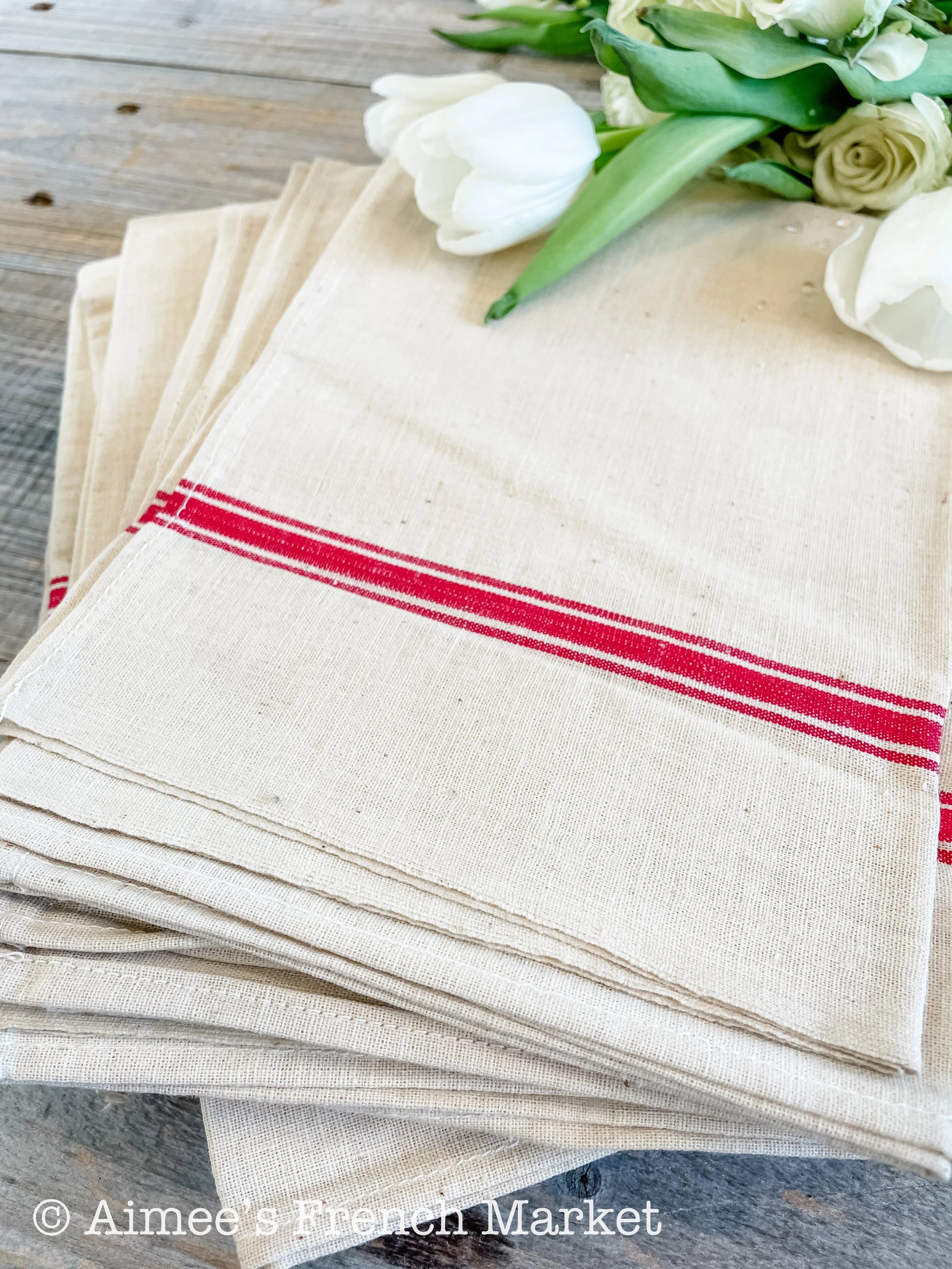 Vintage Red-Striped Linen Kitchen Towels, c.1920s, Triple Stripes