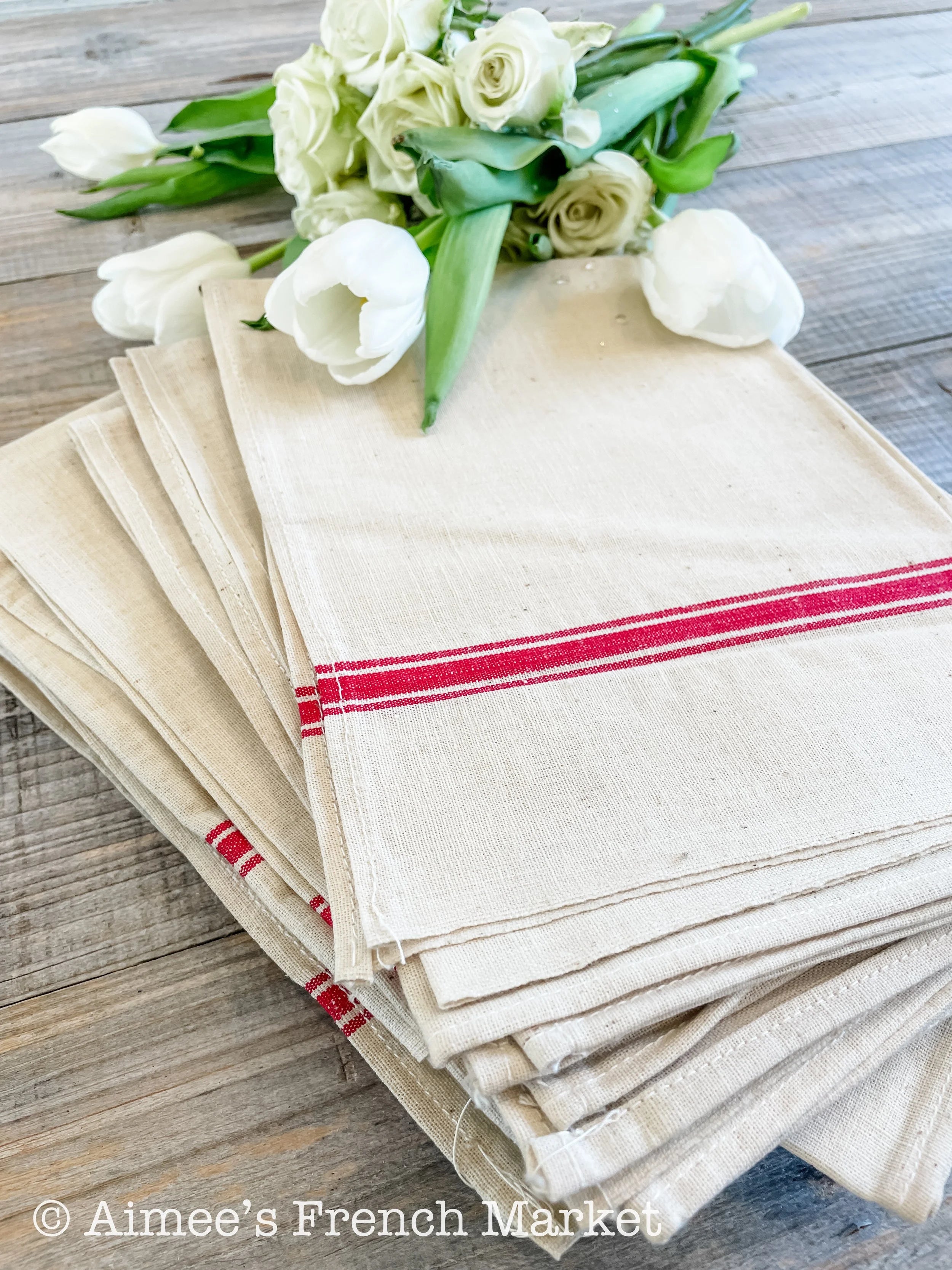 Vintage Red-Striped Linen Kitchen Towels, c.1920s, Triple Stripes