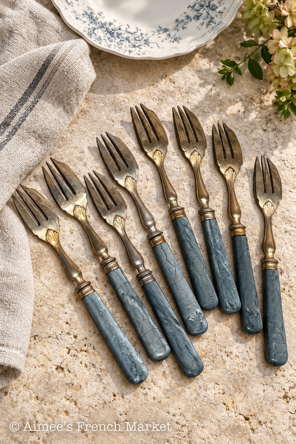 Vintage French Cake Forks — Set of 8 with Unique Blue-Gray Handles & Shell Details — 6″