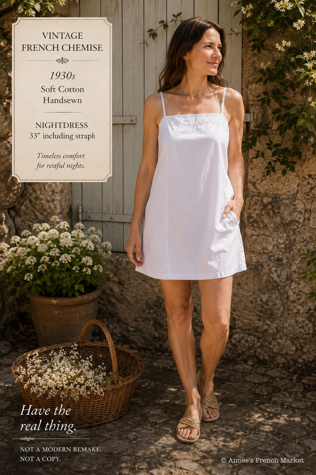French Vintage Nightdress, Handsewn of Soft Cotton, 1930s