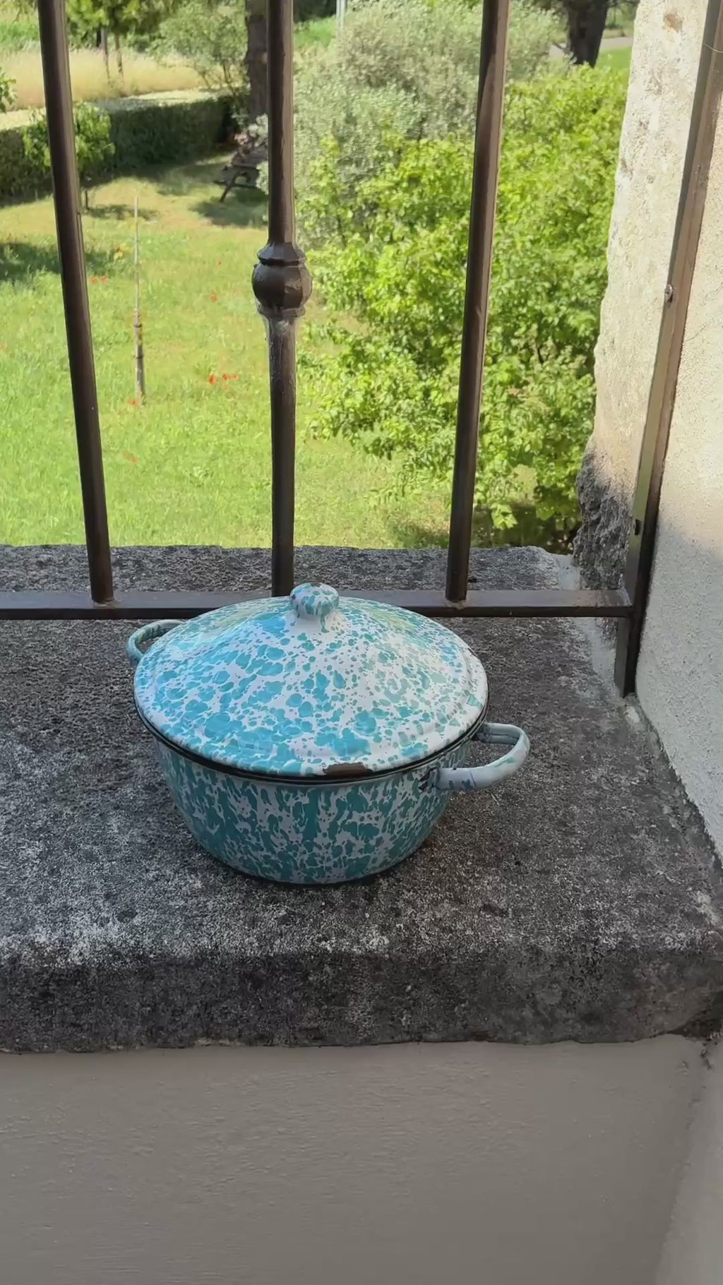 Vintage French Enamelware Pot, Blue Spatter Soup Pot with Lid