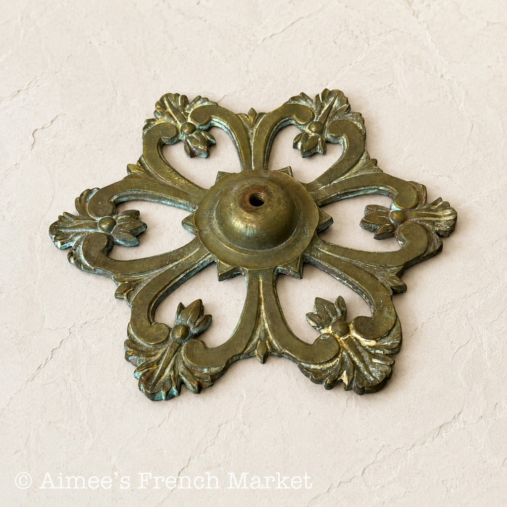 Antique French Brass Ceiling Rose, 7", Louis XV Floral Lighting Hardware, Architectural Salvage, c. 1900